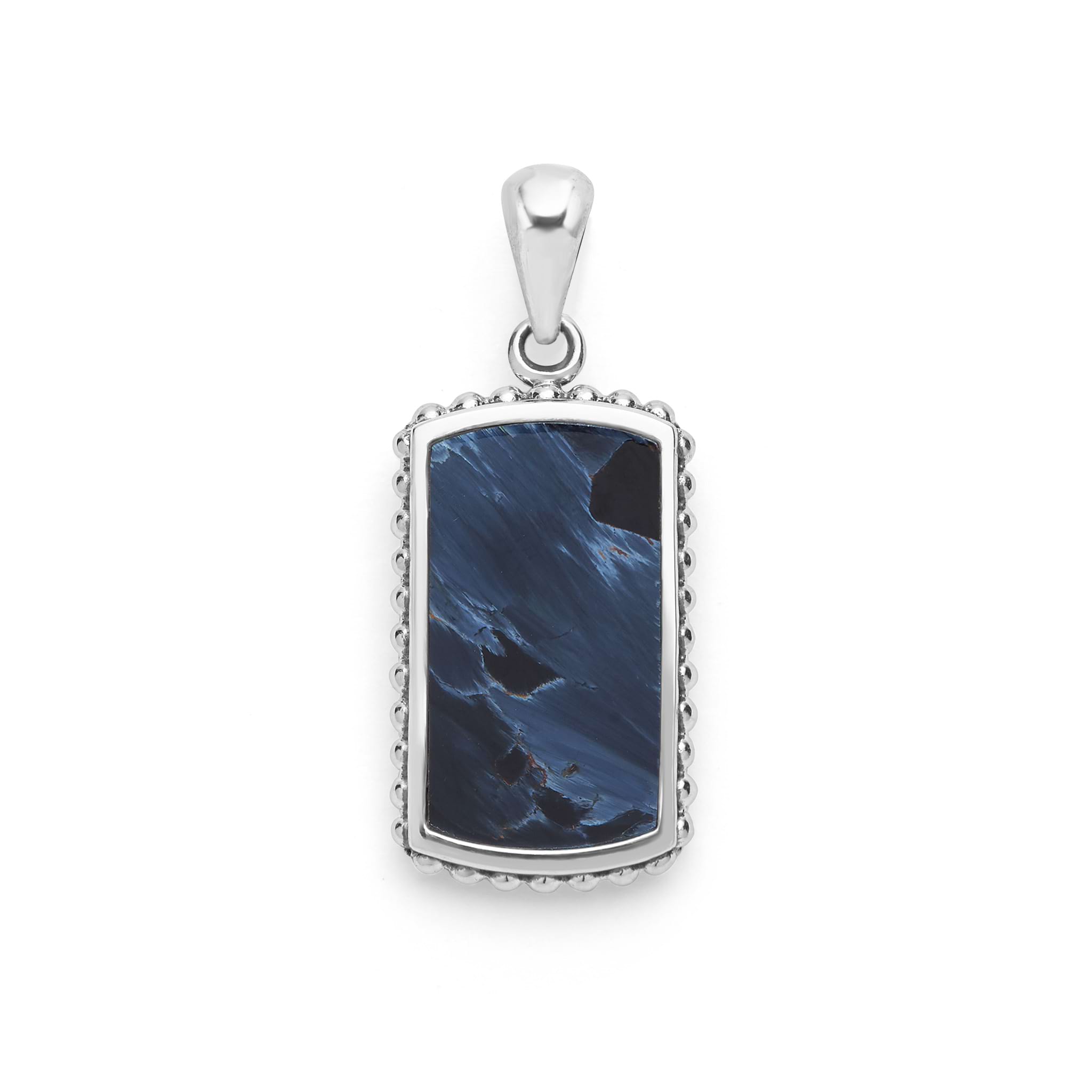Sterling silver tag amulet with pietersite and Caviar beading, 34 × 14 mm