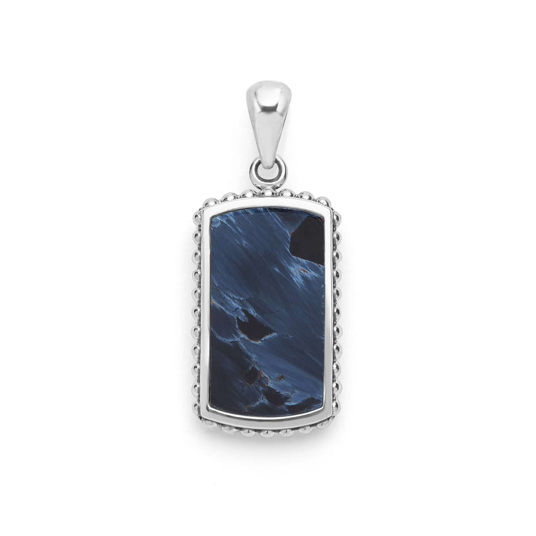 Sterling silver tag amulet with pietersite and Caviar beading, 34 × 14 mm