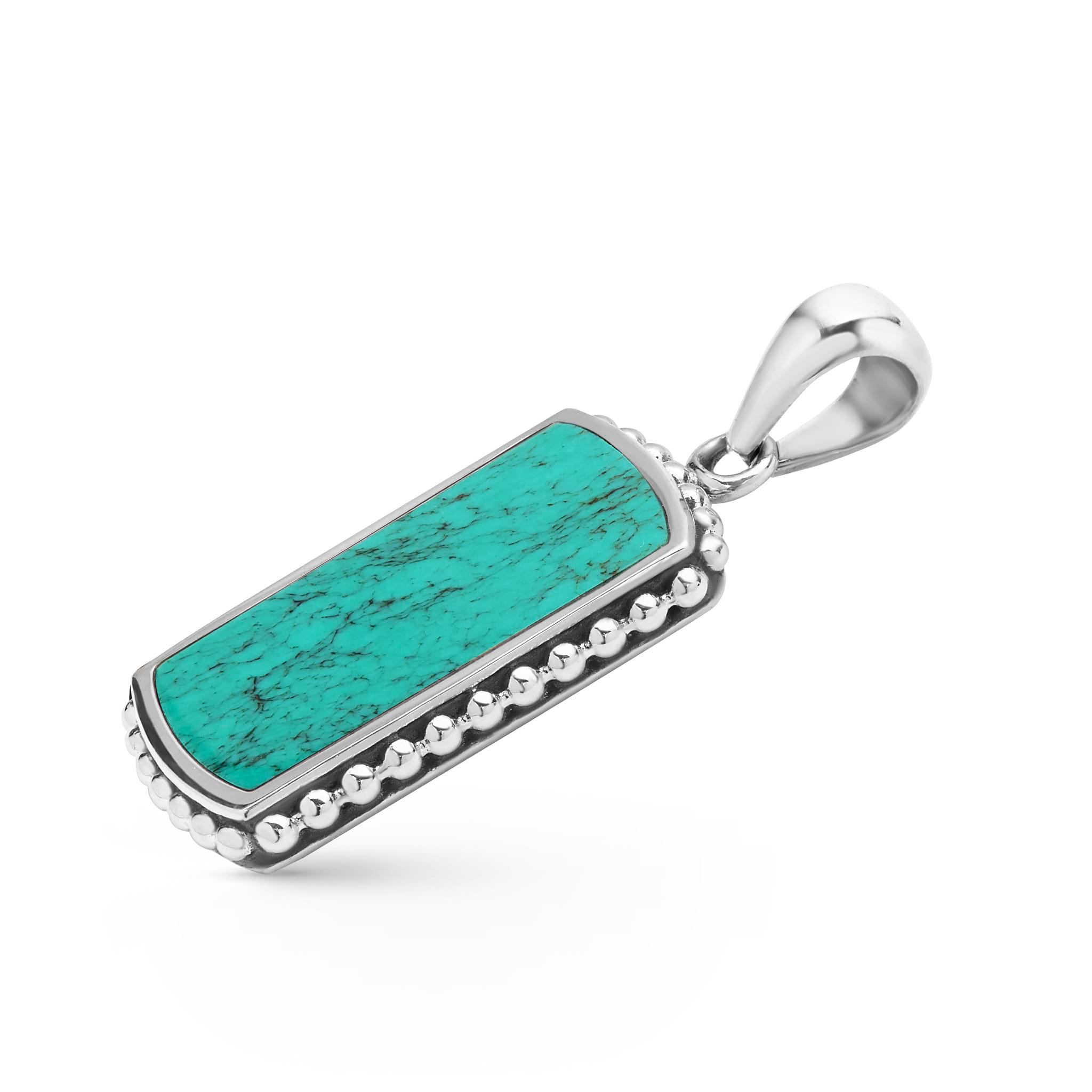 Close-up of turquoise tag amulet framed with sterling silver Caviar beads, universal bale