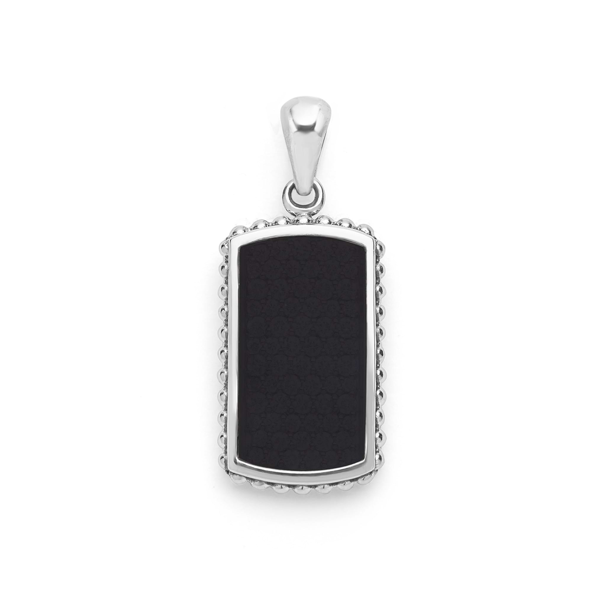 Sterling silver tag amulet with black agate and Caviar beading, 34 × 14 mm