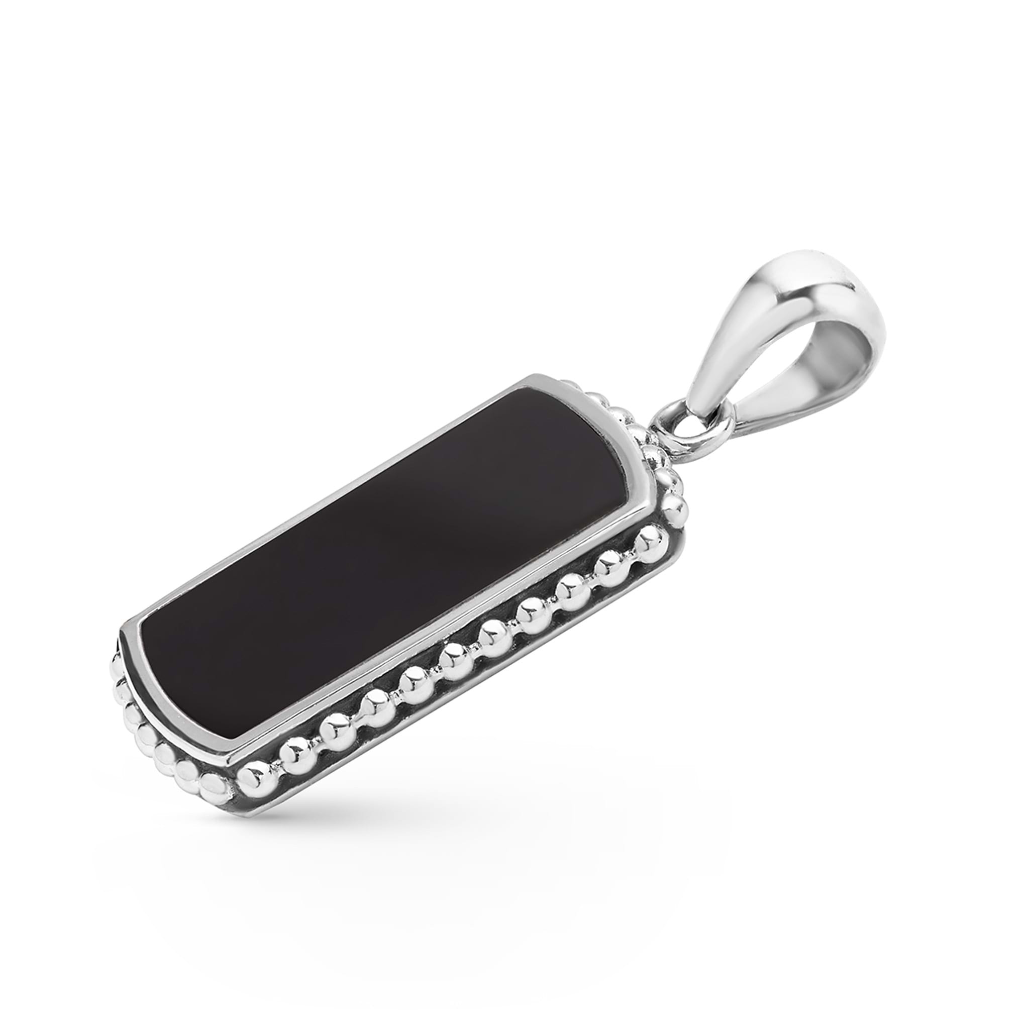 Sterling silver tag amulet with black agate and Caviar beading, 34 × 14 mm