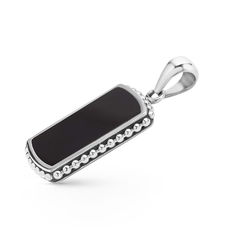 Sterling silver tag amulet with black agate and Caviar beading, 34 × 14 mm