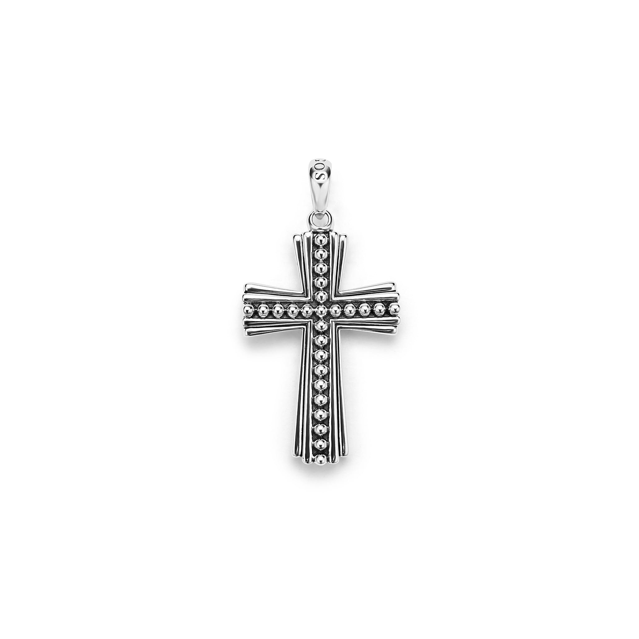 Caviar Beaded Cross Amulet in sterling silver, dimensions 36mm x 24mm