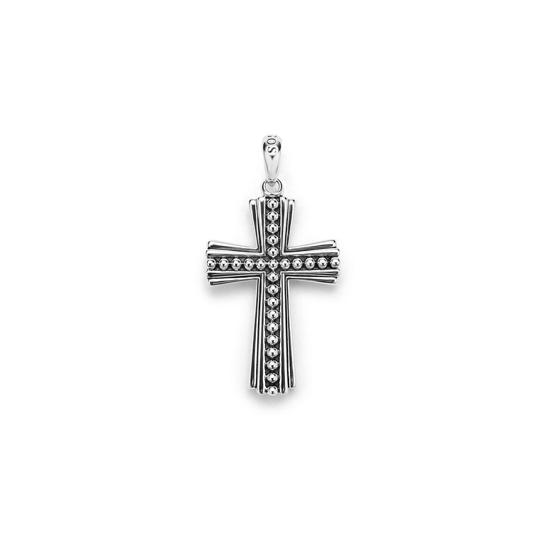 Caviar Beaded Cross Amulet in sterling silver, dimensions 36mm x 24mm
