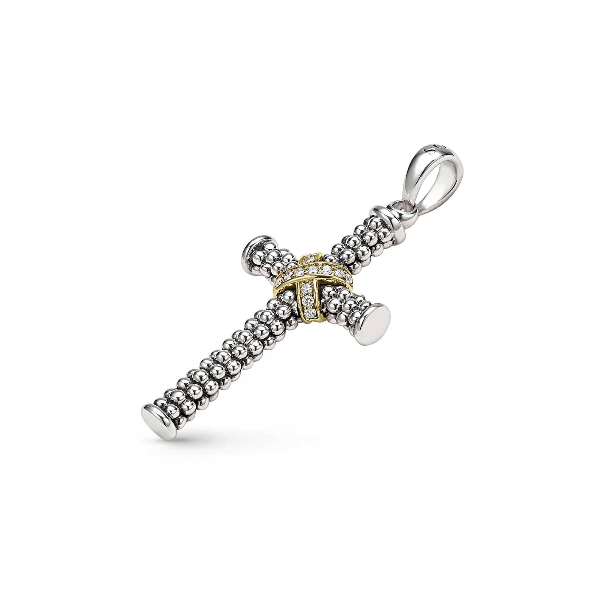two-tone caviar beaded diamond cross, featuring 18K gold and sterling silver 