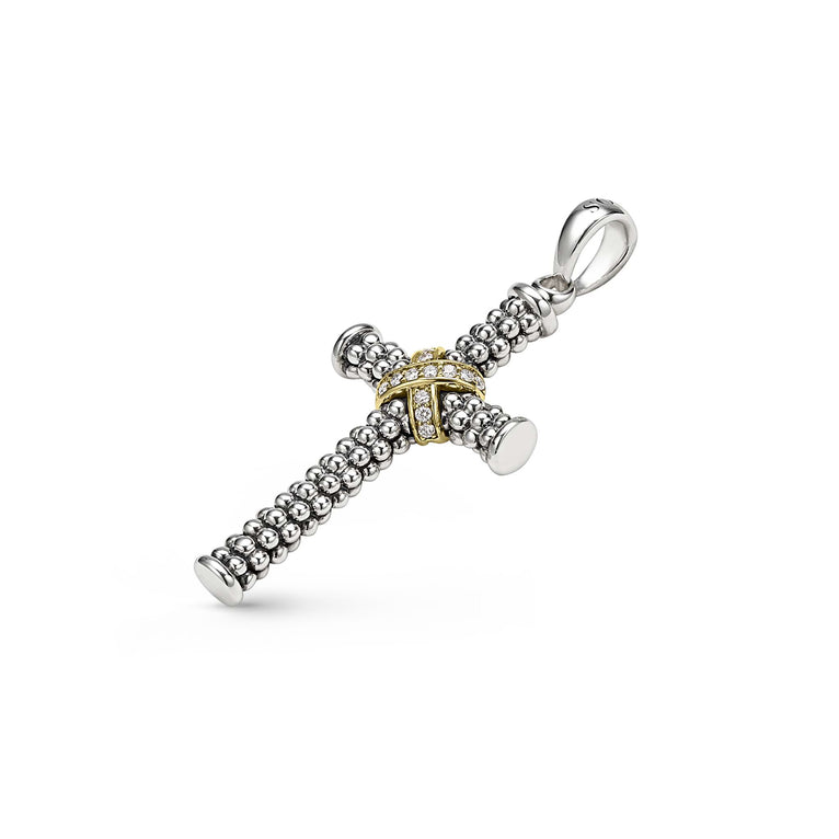 two-tone caviar beaded diamond cross, featuring 18K gold and sterling silver 