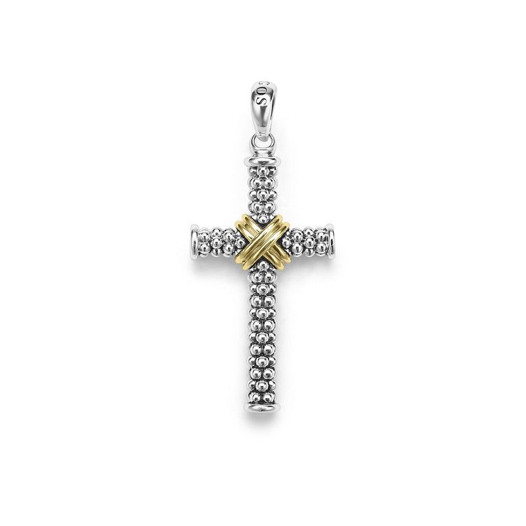 Cross Amulet featuring sterling silver and 18K gold with signature Caviar beading, dimensions 38mm x 22mm