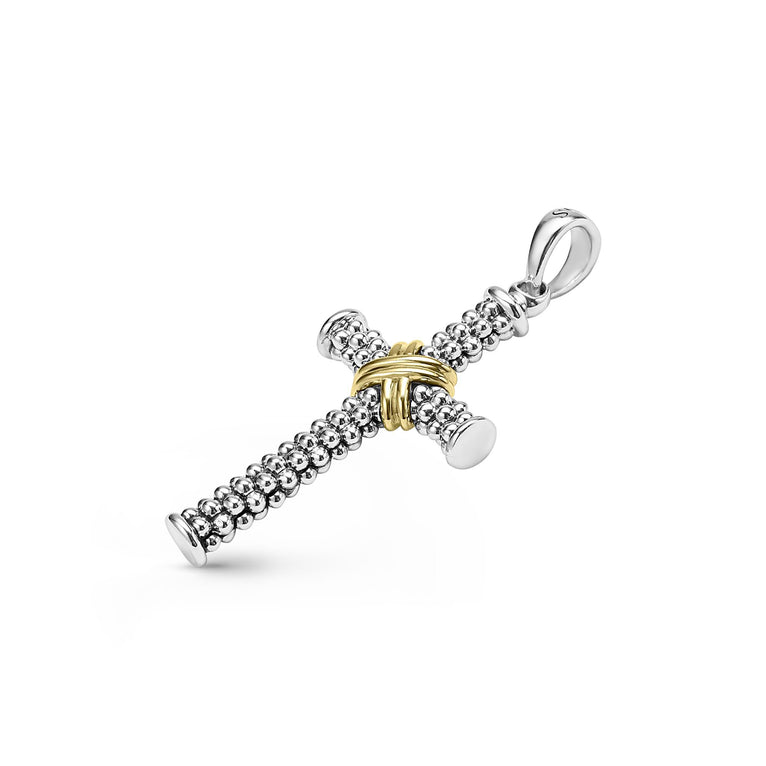 Close-up of sterling silver and 18K gold Caviar beading on the Anthem Two-Tone Cross Amulet