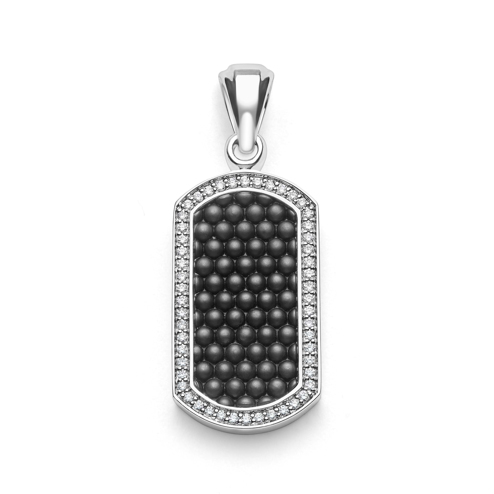 Matte Black Ceramic Beaded Tag Amulet featuring diamonds set in sterling silver