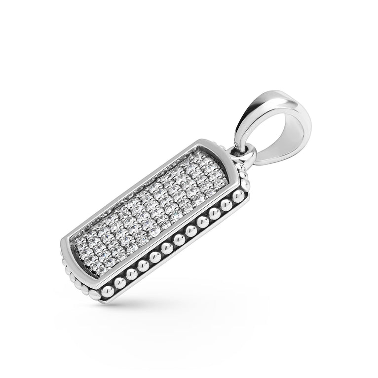 Close-up of G-H color, SI clarity diamonds set in sterling silver on the Anthem Beaded Diamond Tag Amulet