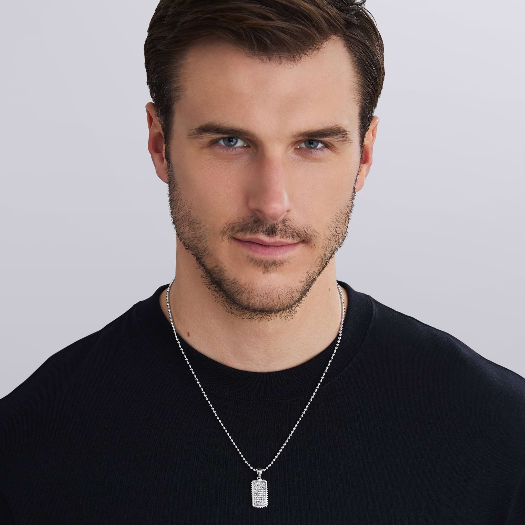 man wearing diamond tag, G-H color, SI clarity diamonds set in sterling silver on the Anthem Beaded Diamond Tag Amulet