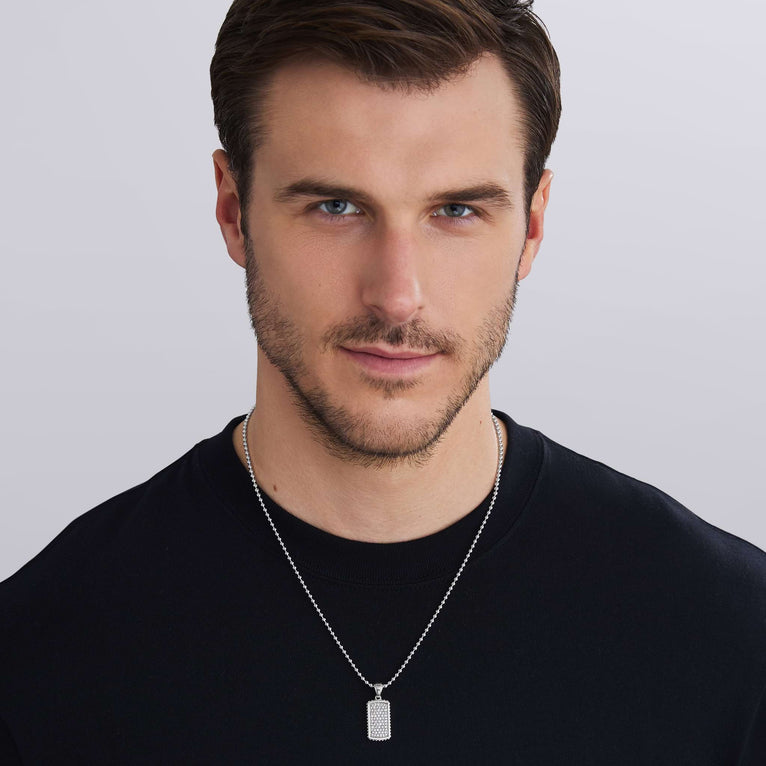 man wearing diamond tag, G-H color, SI clarity diamonds set in sterling silver on the Anthem Beaded Diamond Tag Amulet