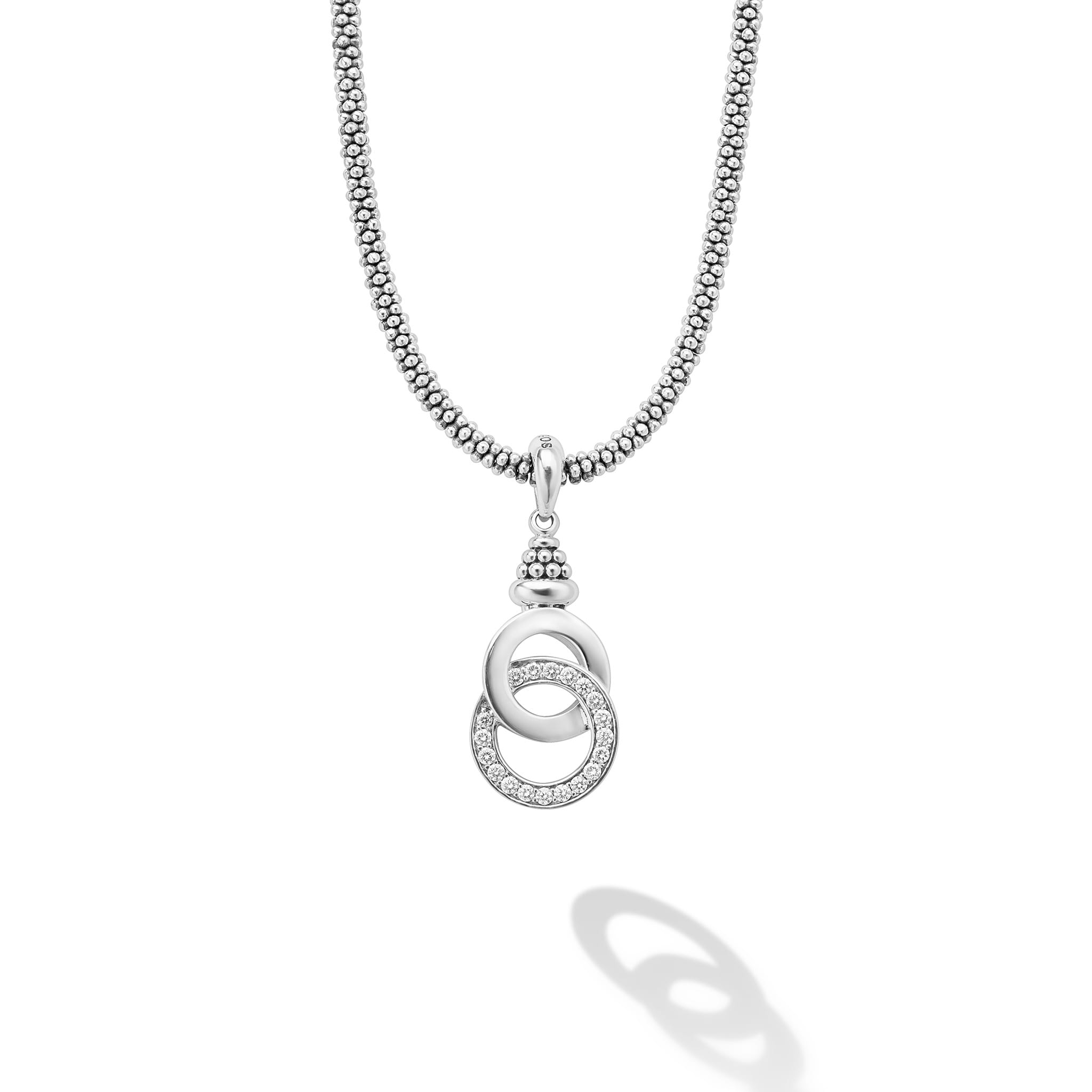 Signature Caviar Silver Interlocking Diamond Caviar Pendant Necklace features sterling silver circles; one polished, one with diamonds, on a beaded chain, showcasing elegance and connection.