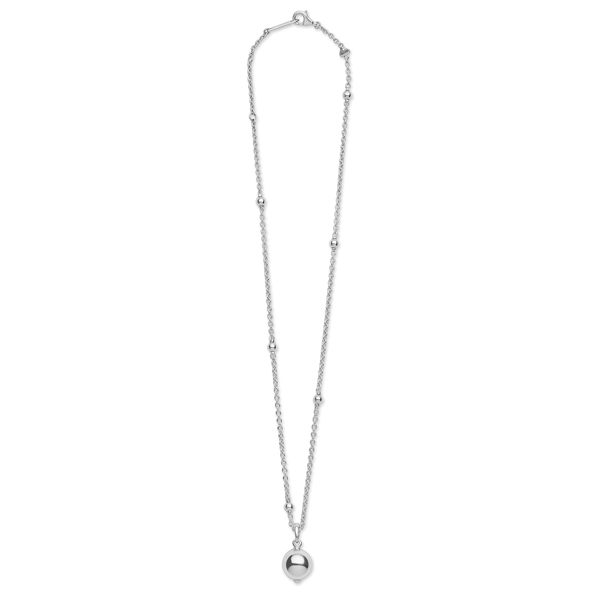 Full view of a sterling silver chain necklace with a bead pendant