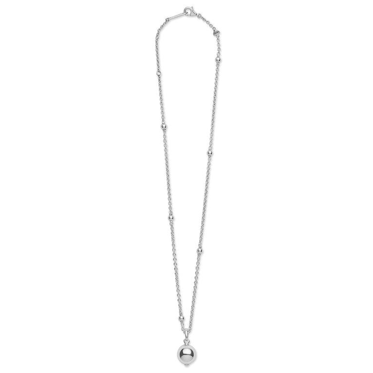 Full view of a sterling silver chain necklace with a bead pendant