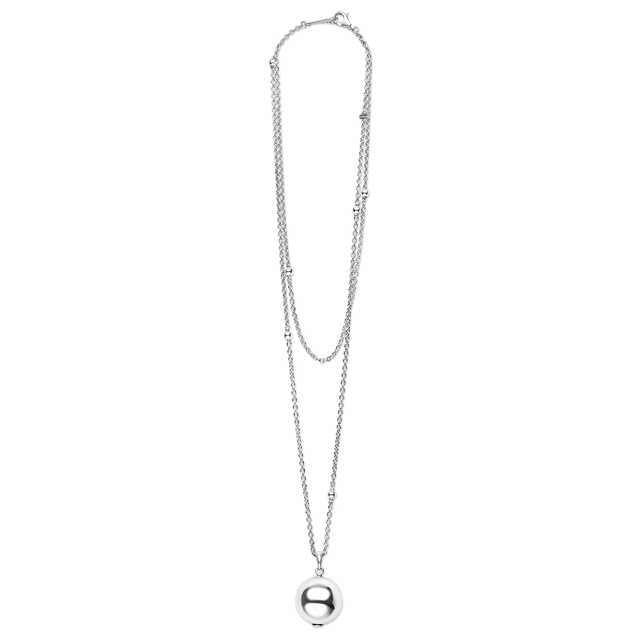 Silver necklace with a round pendant on a white background