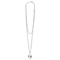 Silver necklace with a round pendant on a white background