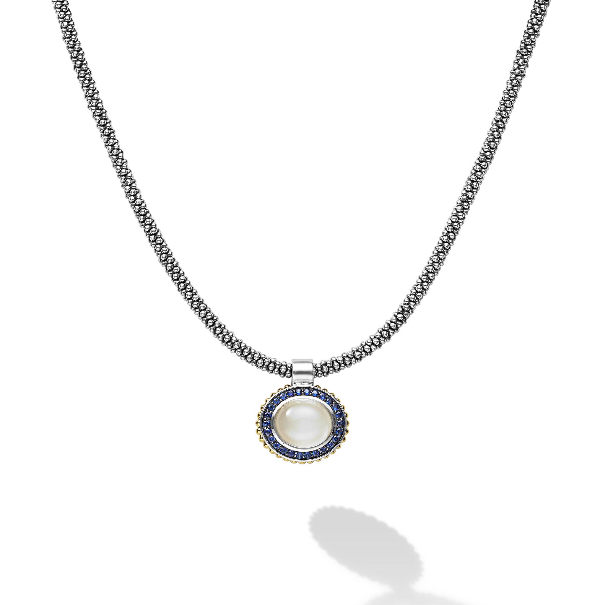 Caviar Color Two-Tone Small Moonstone and Sapphire Pendant Necklace