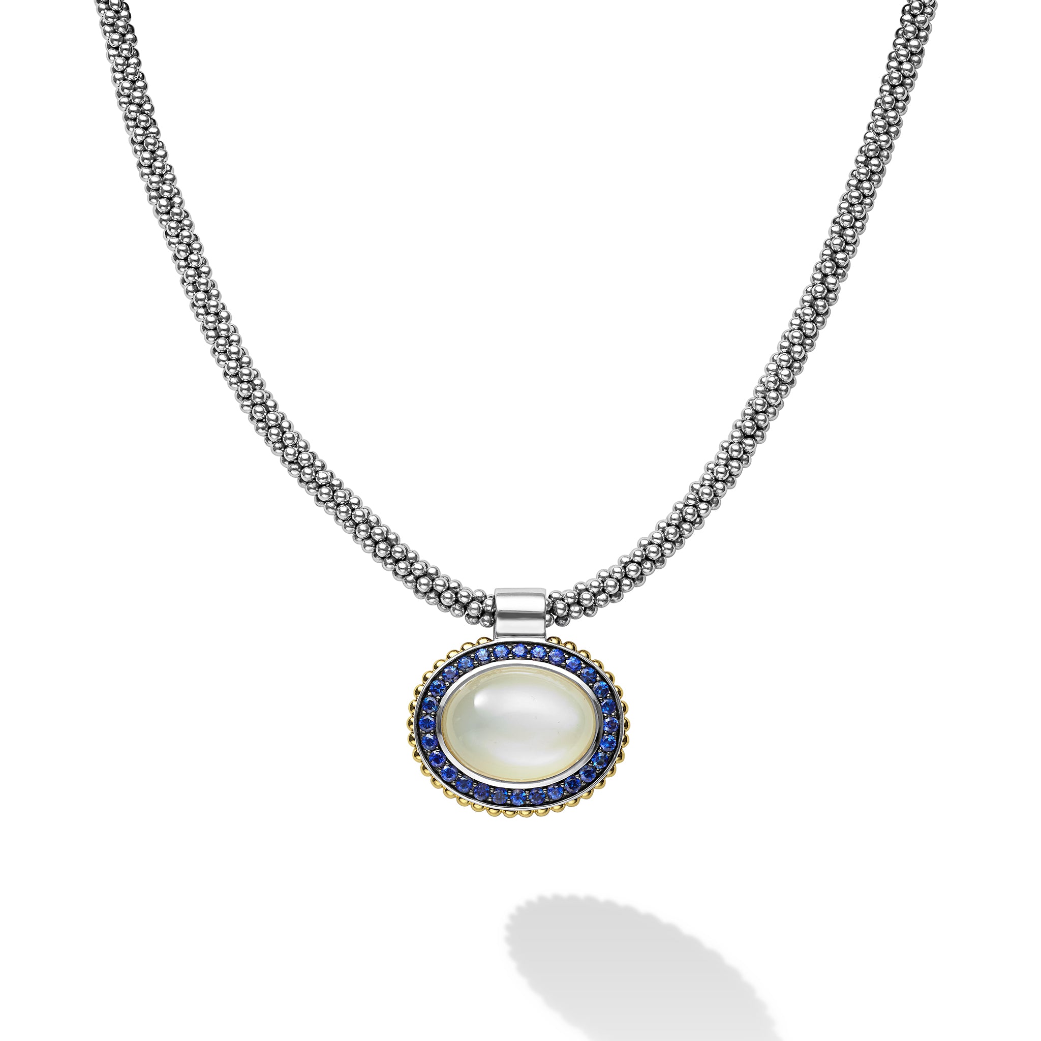 Caviar Color Two-Tone Large Moonstone and Sapphire Pendant Necklace
