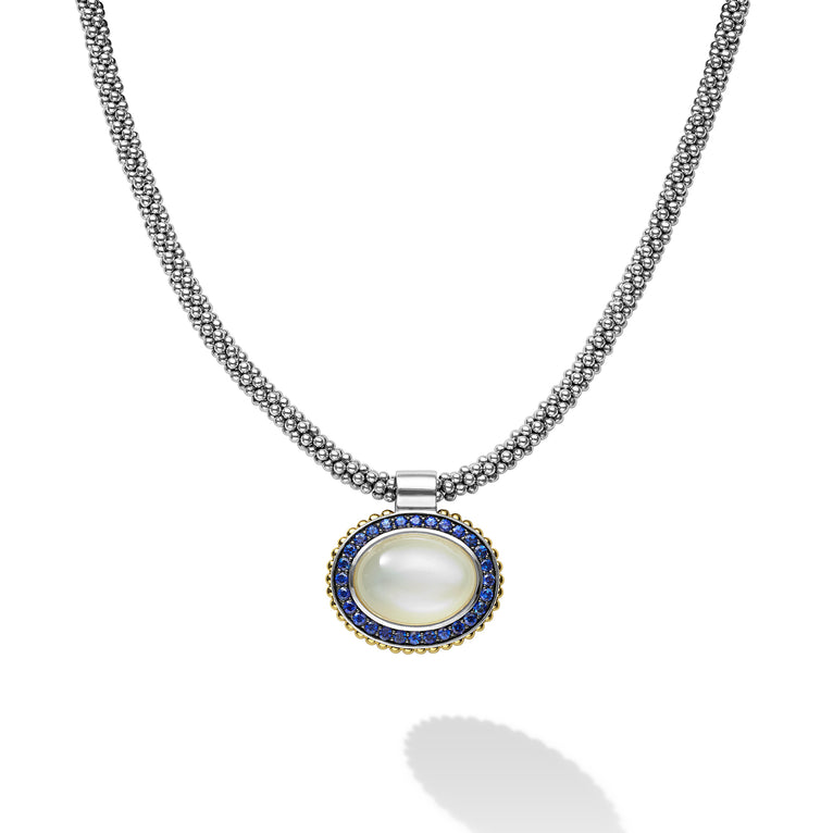 Caviar Color Two-Tone Large Moonstone and Sapphire Pendant Necklace