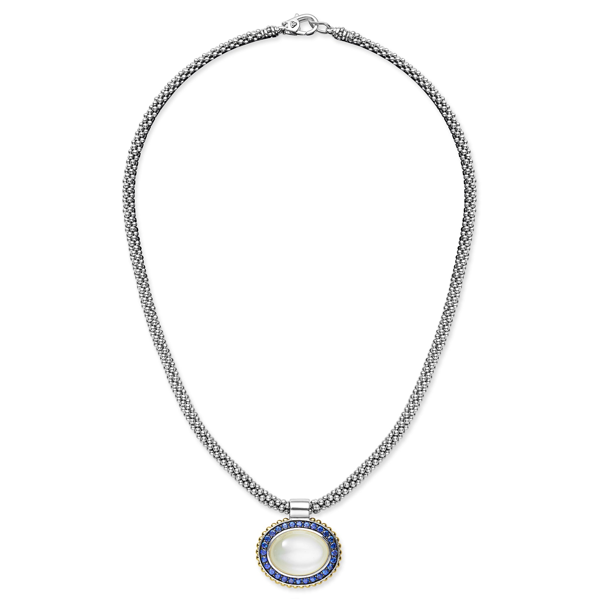 Caviar Color Two-Tone Large Moonstone and Sapphire Pendant Necklace