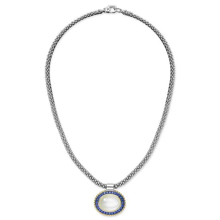 Caviar Color Two-Tone Large Moonstone and Sapphire Pendant Necklace