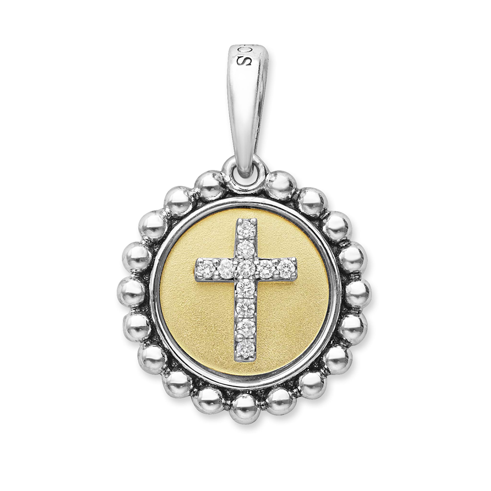 Signature Caviar Two-Tone Diamond Cross Charm Necklace featuring a gold-accented cross with clear stones, encircled by a beaded silver border, attached to a simple bail.