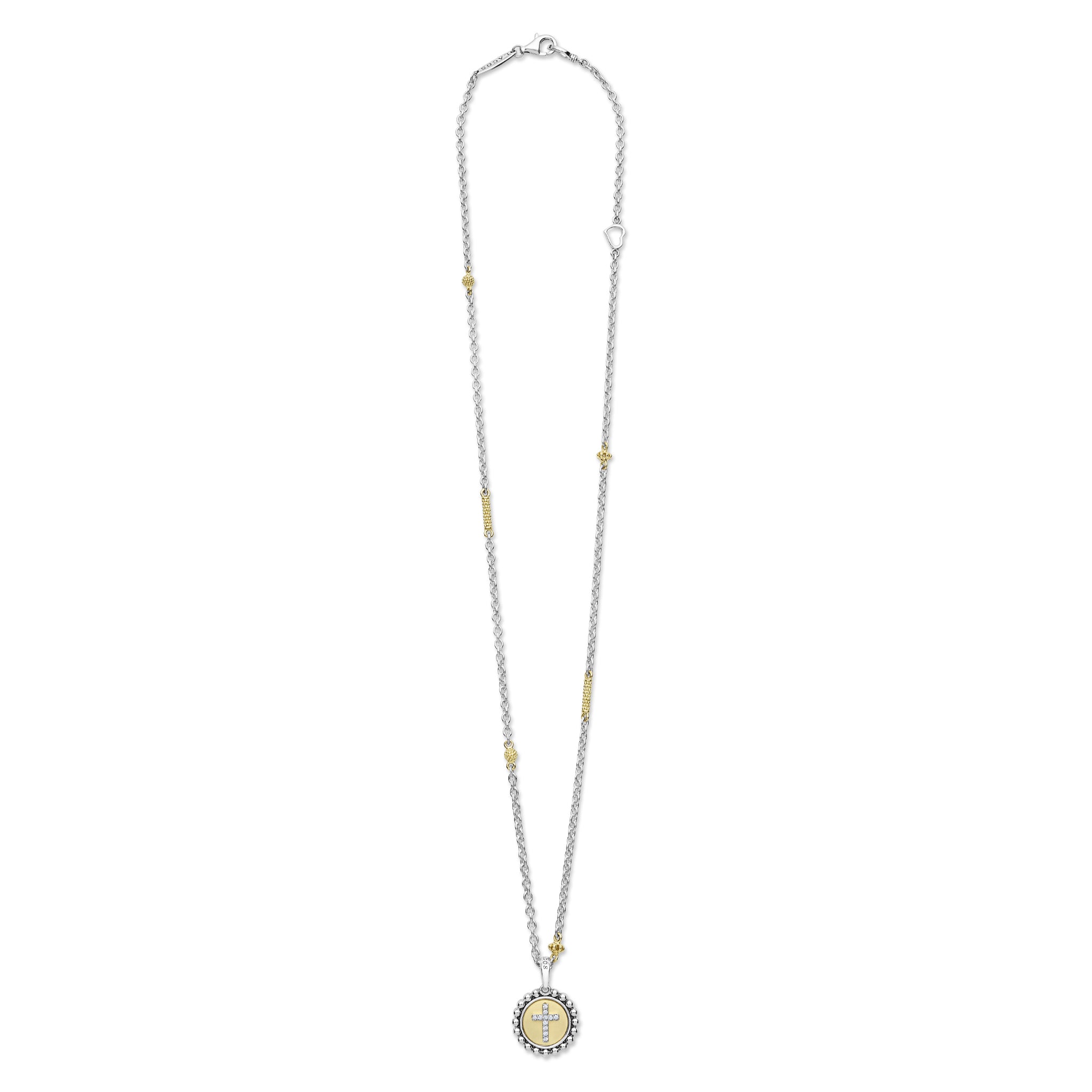 Signature Caviar Two-Tone Diamond Cross Charm Necklace featuring a silver-gold chain with gold beads, ending in a diamond-accented cross on a round pendant.