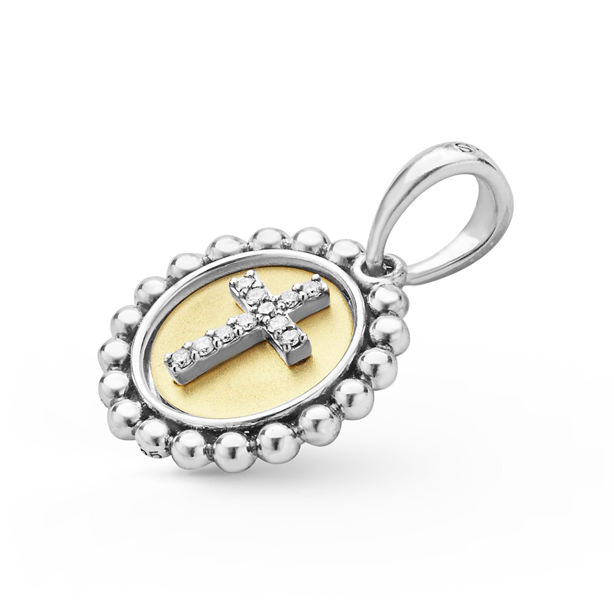 Signature Caviar Diamond Cross Charm features a gold-tone center with a diamond cross, encircled by a silver beaded border, ideal for modern jewelry layering.
