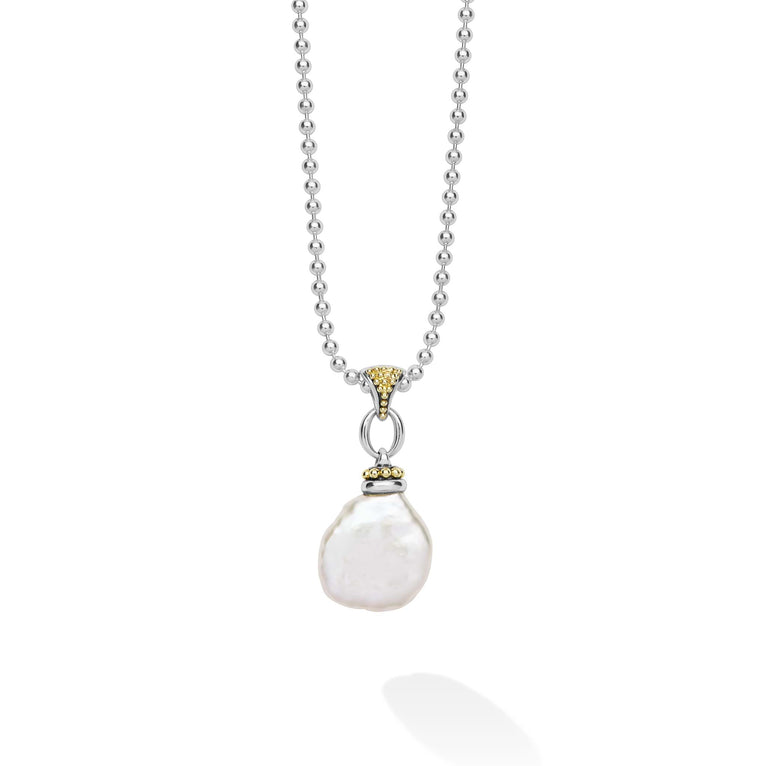 Luna Two-Tone Pearl Caviar Pendant Necklace features an irregular white baroque pearl hung from a sterling silver chain with 18K gold and caviar beading accents.
