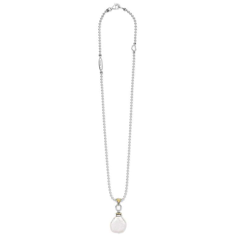 Luna Two-Tone Pearl Caviar Pendant Necklace with a baroque pearl drop, accented by 18K gold, sterling silver, and caviar beading on an adjustable ball-chain.