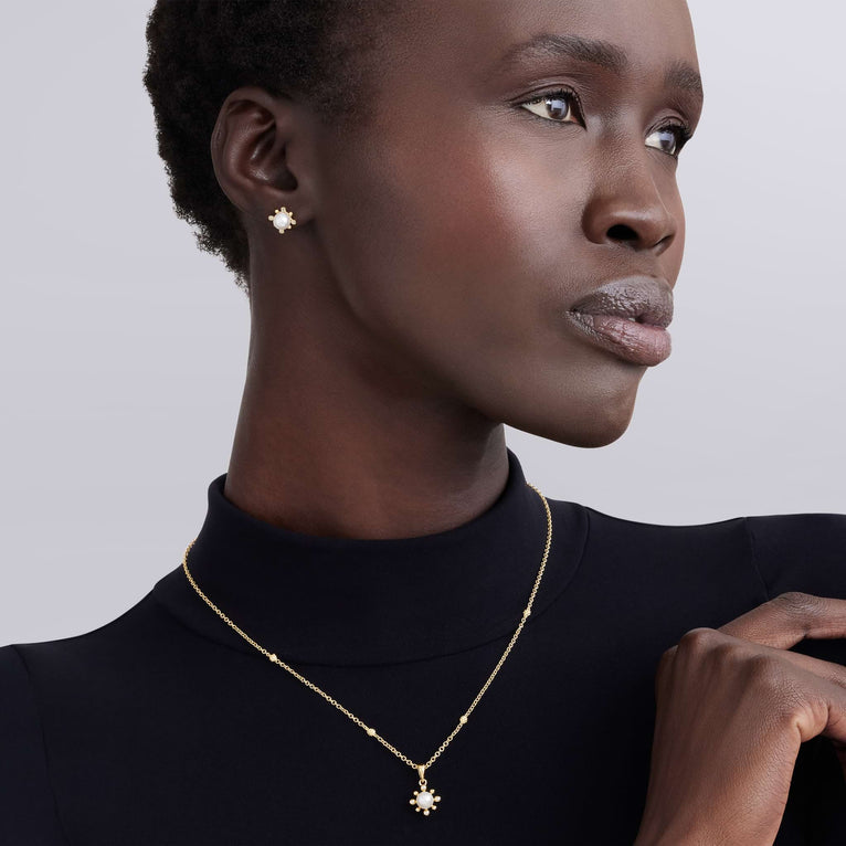 Luna 18K Gold Diamond Fleur Pearl Earrings and Necklace Gift Set
