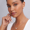 Woman wearing the Luna Sterling Silver Pearl Earrings & Necklace Gift Set, showcasing elegant pearl jewelry with a refined and sophisticated look.