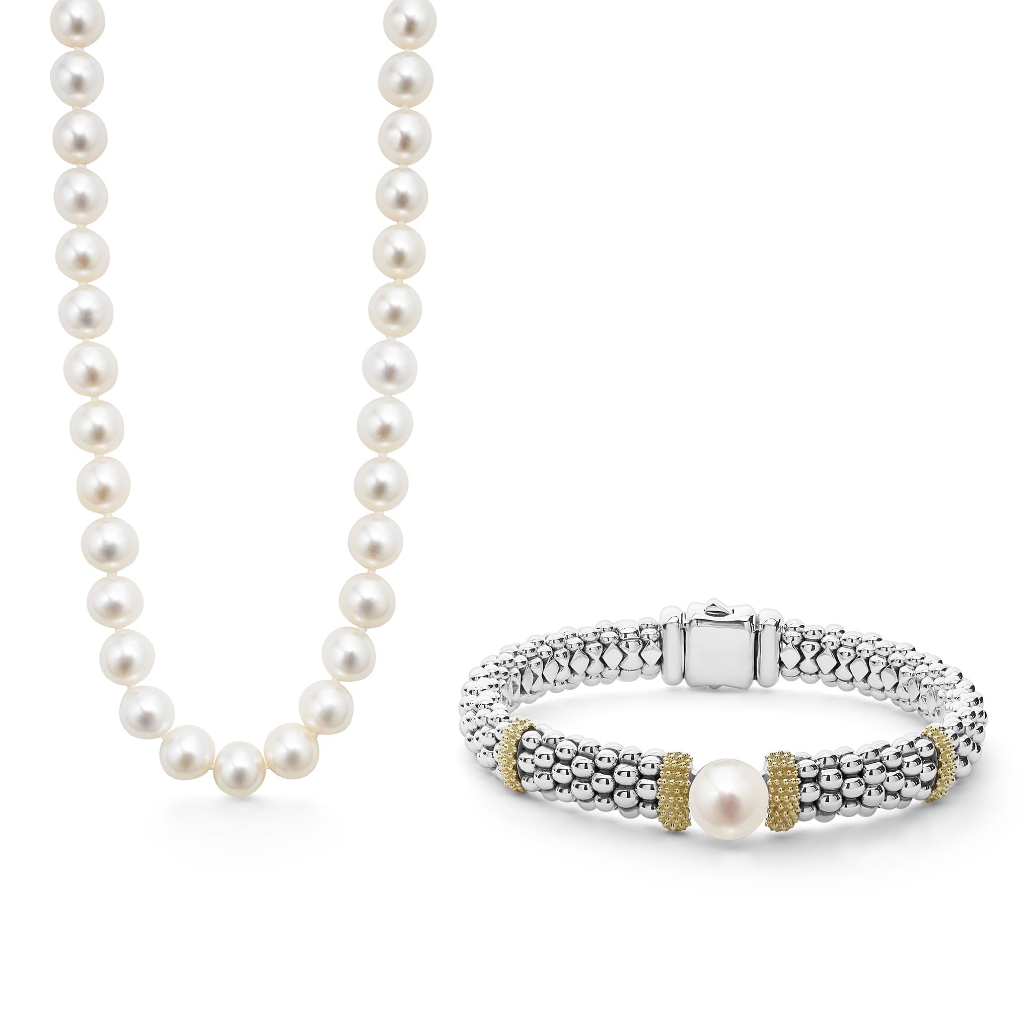 A LAGOS exclusive. The perfect pearl gift set. One cultured freshwater pearl strand necklace and one Caviar beaded bracelet with accented by a cultured freshwater pearl.