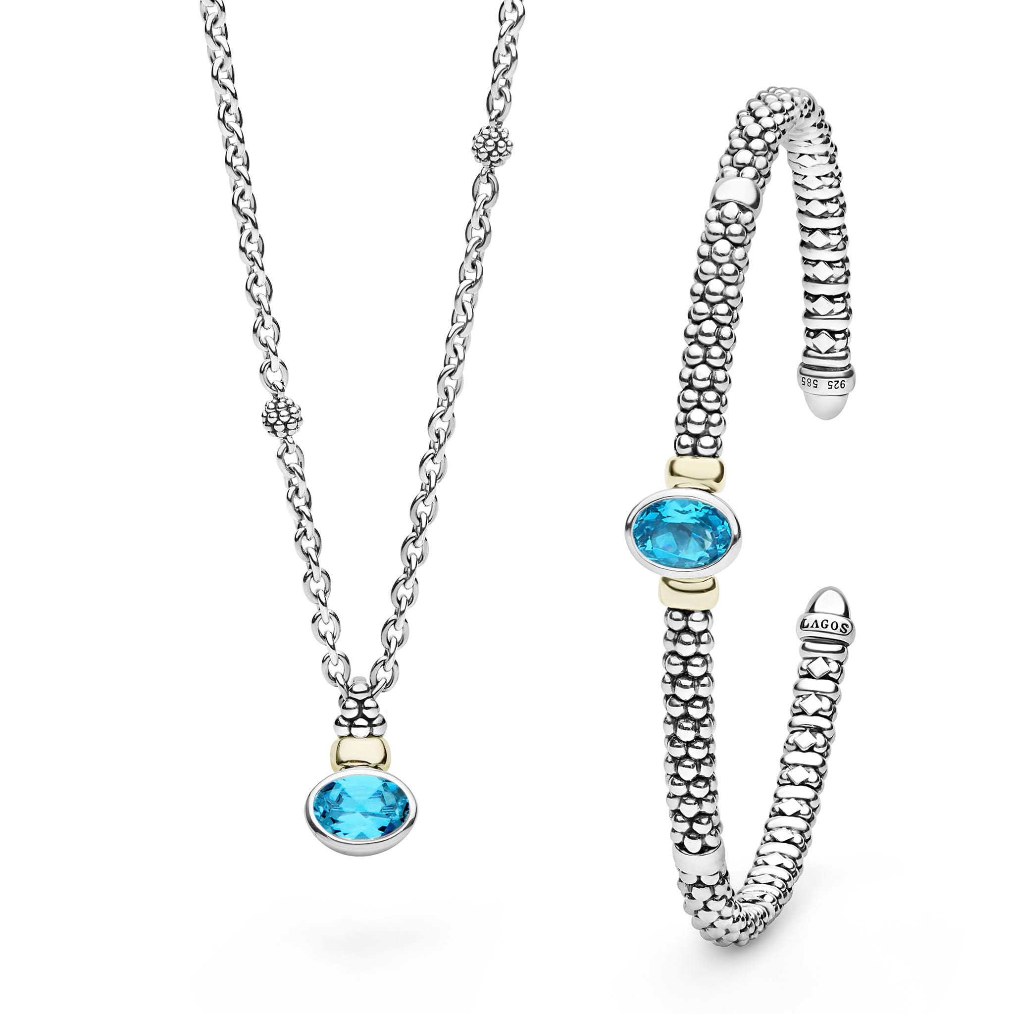Two-Tone Oval Swiss Blue Topaz Bracelet & Necklace Gift Set