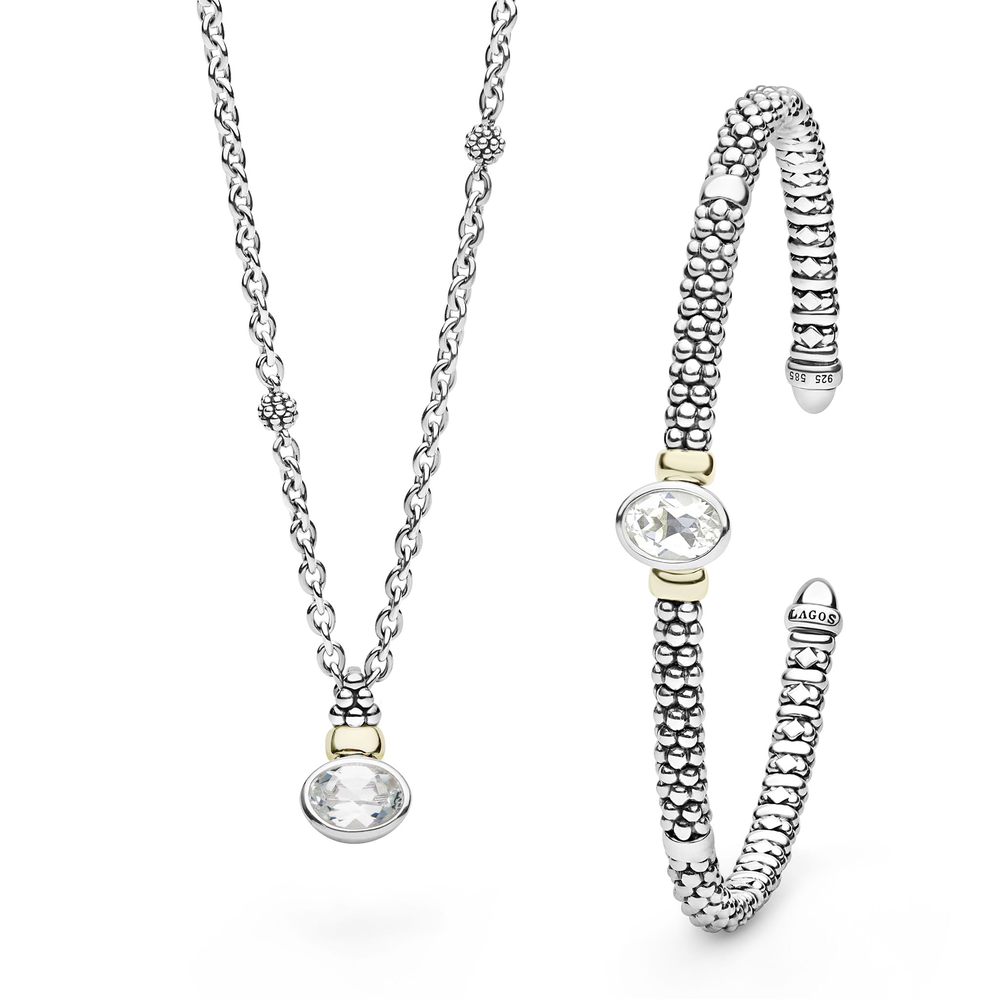 Signature Caviar Two-Tone White Topaz Oval Bracelet & Necklace Gift Set