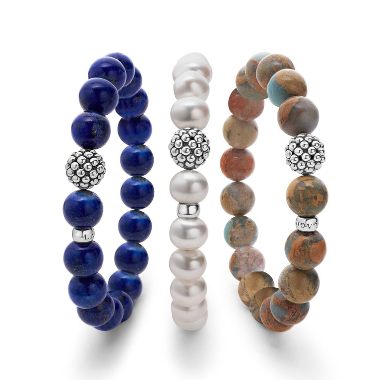 A LAGOS exclusive. Pearl, lapis, and aqua tera jasper gemstones accented by a sterling silver Caviar beaded station.