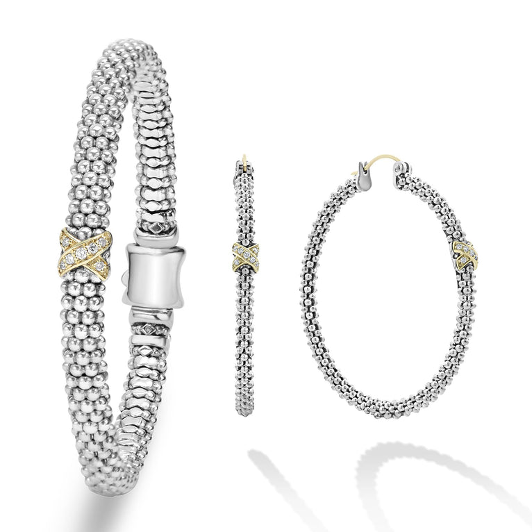 A LAGOS exclusive. Pavé diamonds framed by 18K gold and sterling silver beading form both pieces in this gift set. Perfect to pair together or wear on their own. LAGOS diamonds are the highest quality natural stones.