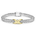 Smart Caviar 18K Gold and Stainless Steel Bracelet features shiny silver beads, X-shaped gold accent, and tubular clasp, embodying LAGOS's elegant craftsmanship.