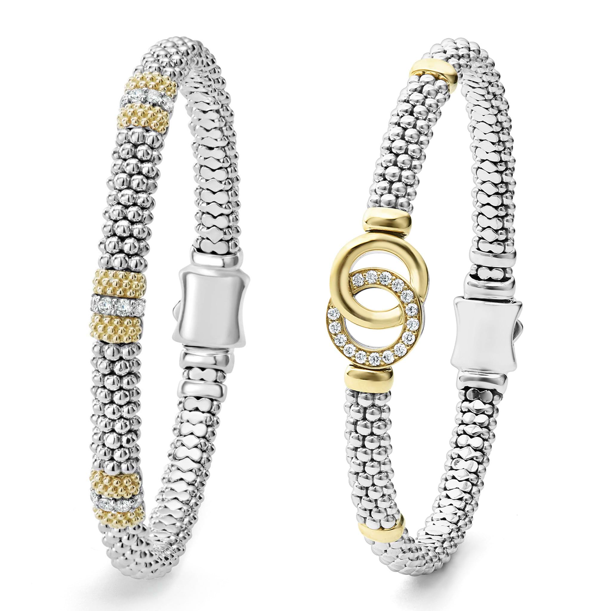 Set of two 18K gold and diamond 6mm bracelets that complement each other perfectly. LAGOS diamonds are the highest quality natural stones.