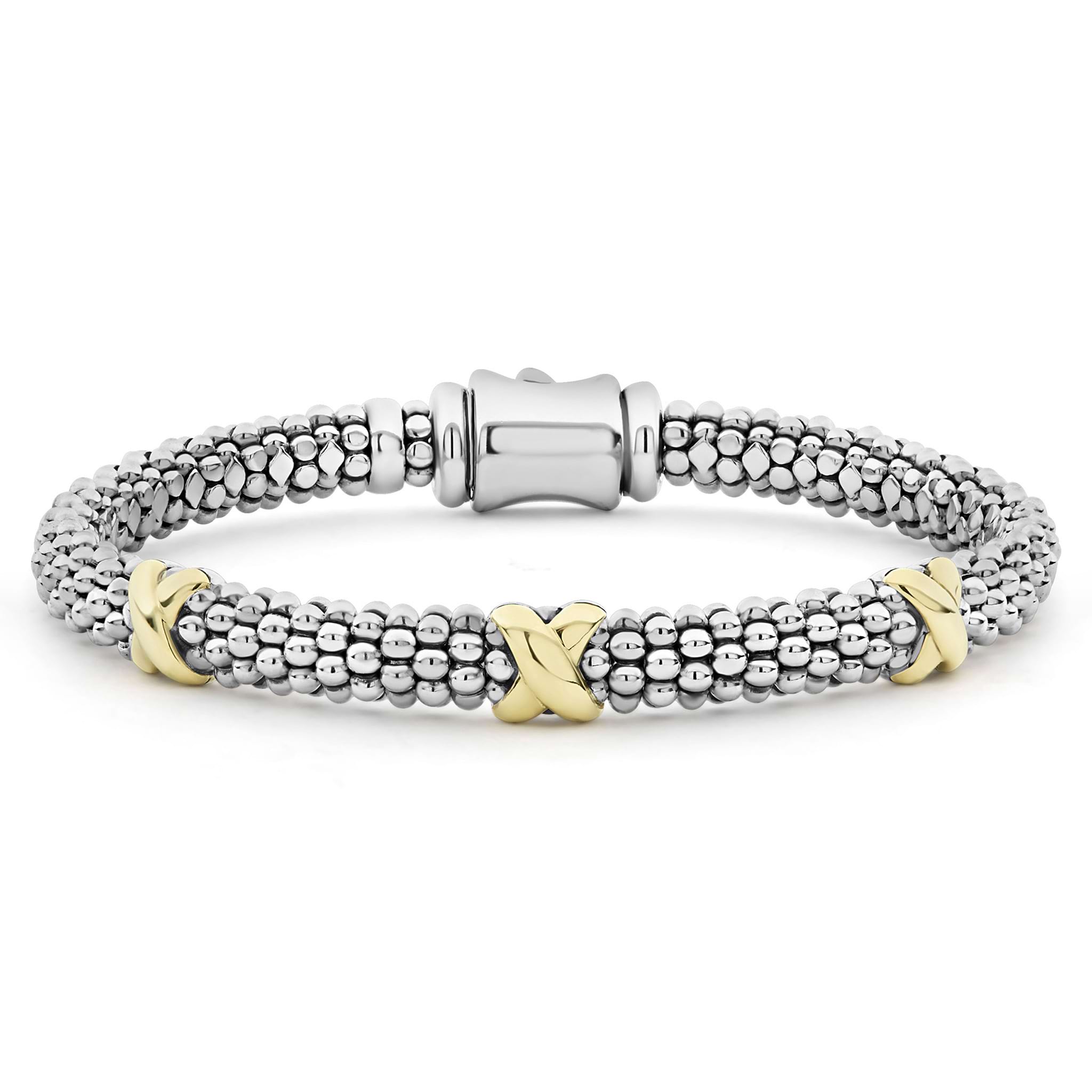 Smart Caviar 18K Gold Gift Set featuring a woven sterling-silver bead bracelet with gold “X”-shaped links and a sleek barrel clasp.