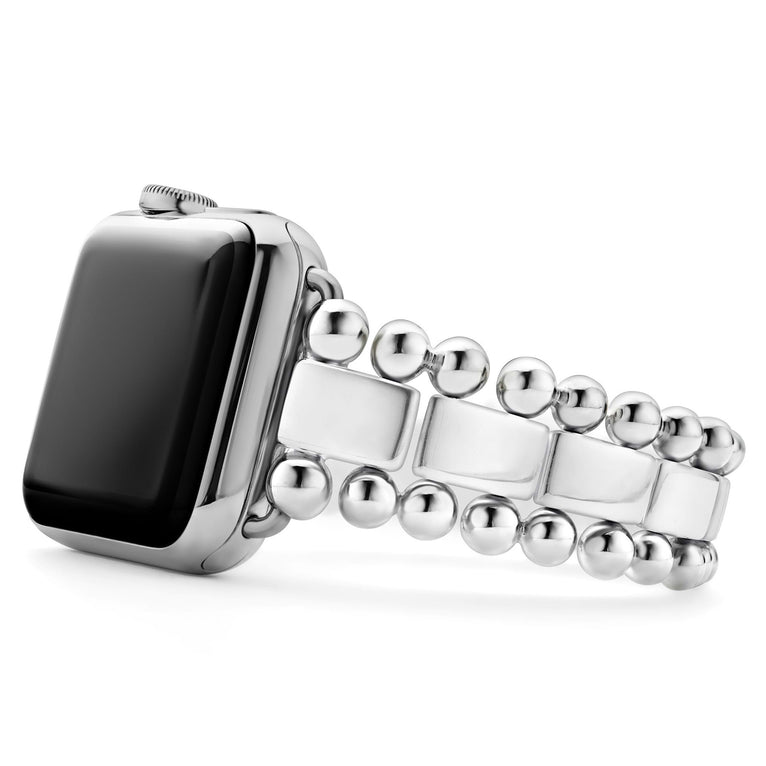 Smart Caviar Sterling Silver Bracelet Gift Set: Close-up of a polished, stainless-steel smartwatch band featuring smooth rectangular links and rounded bead joints for elegant styling.