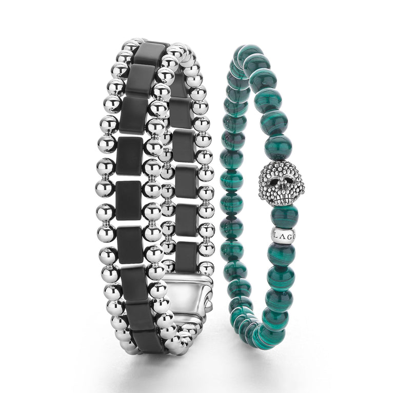 A LAGOS exclusive. This set of matte black ceramic and malachite gemstone bracelets complement each other perfectly.