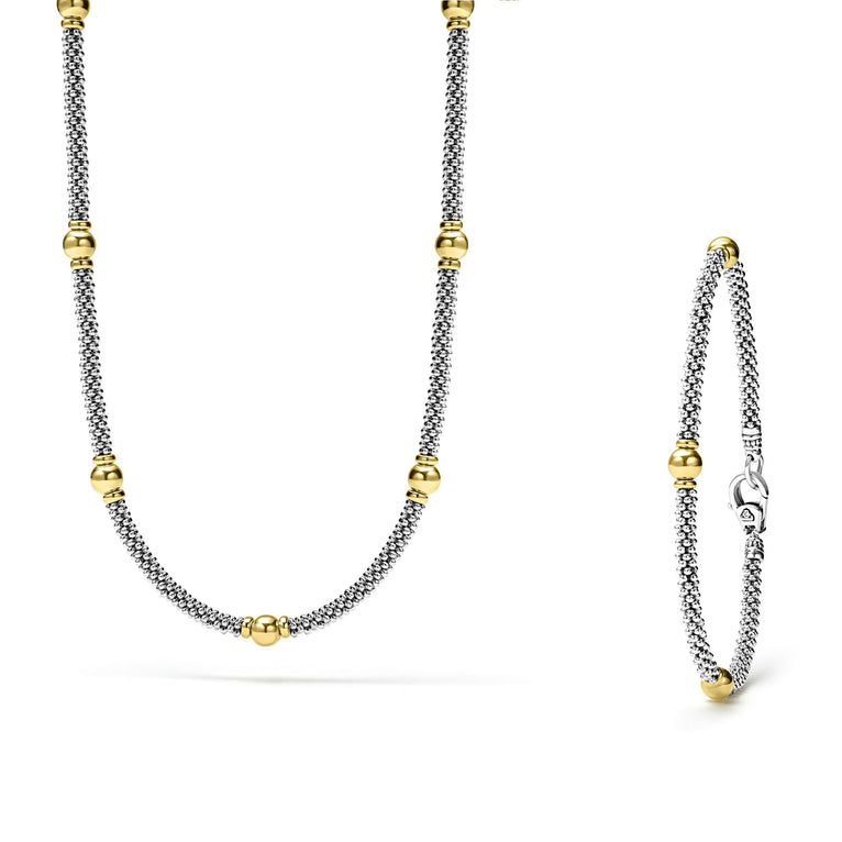 A LAGOS exclusive. Set of 18K gold and sterling Caviar beaded rope bracelet and necklace.