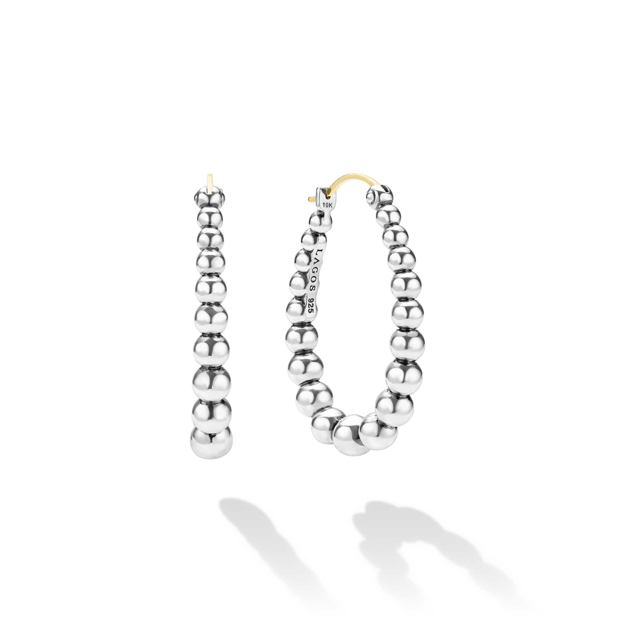 Sterling Silver beaded hoop earrings on a white background