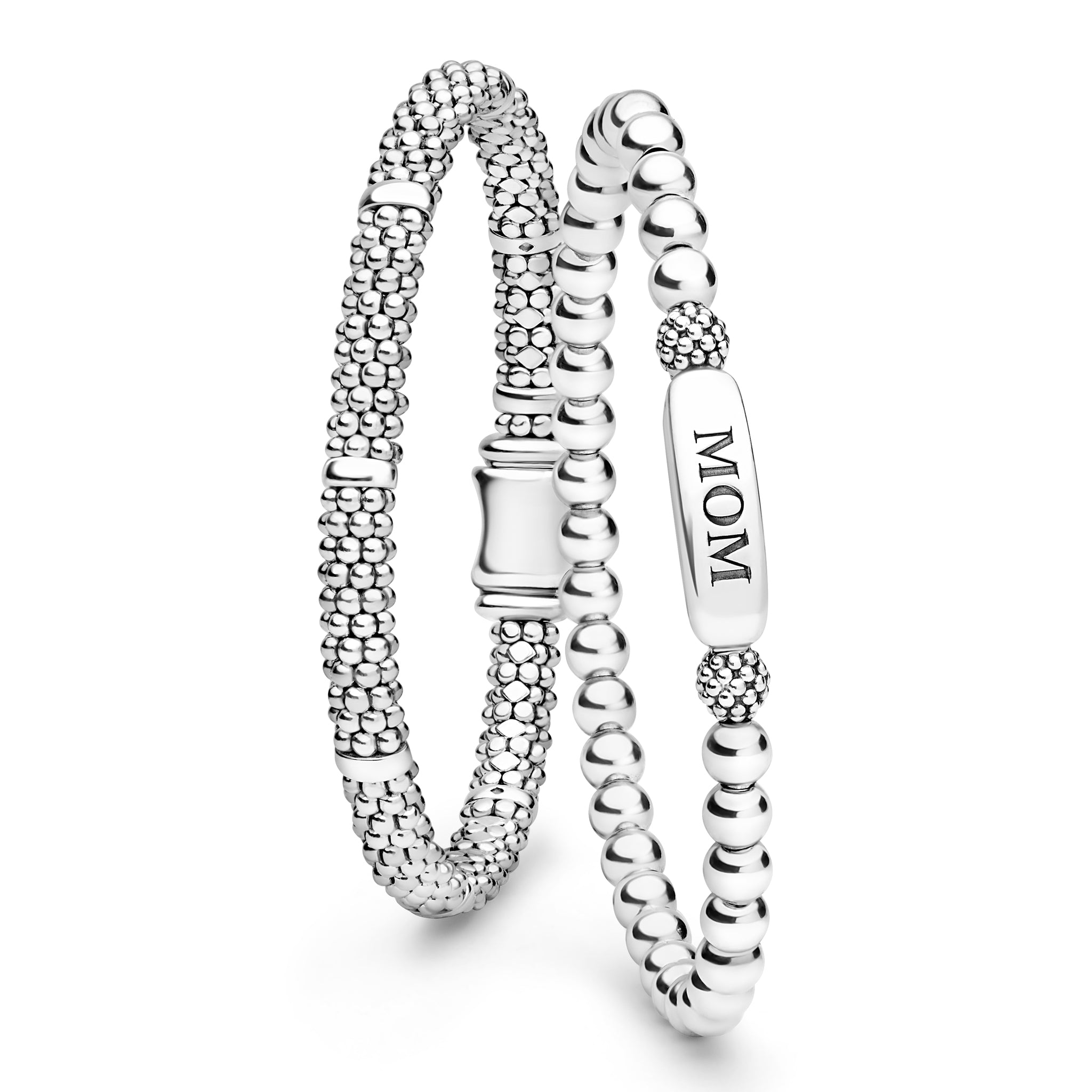 Two silver bracelets, one engraved with MOM