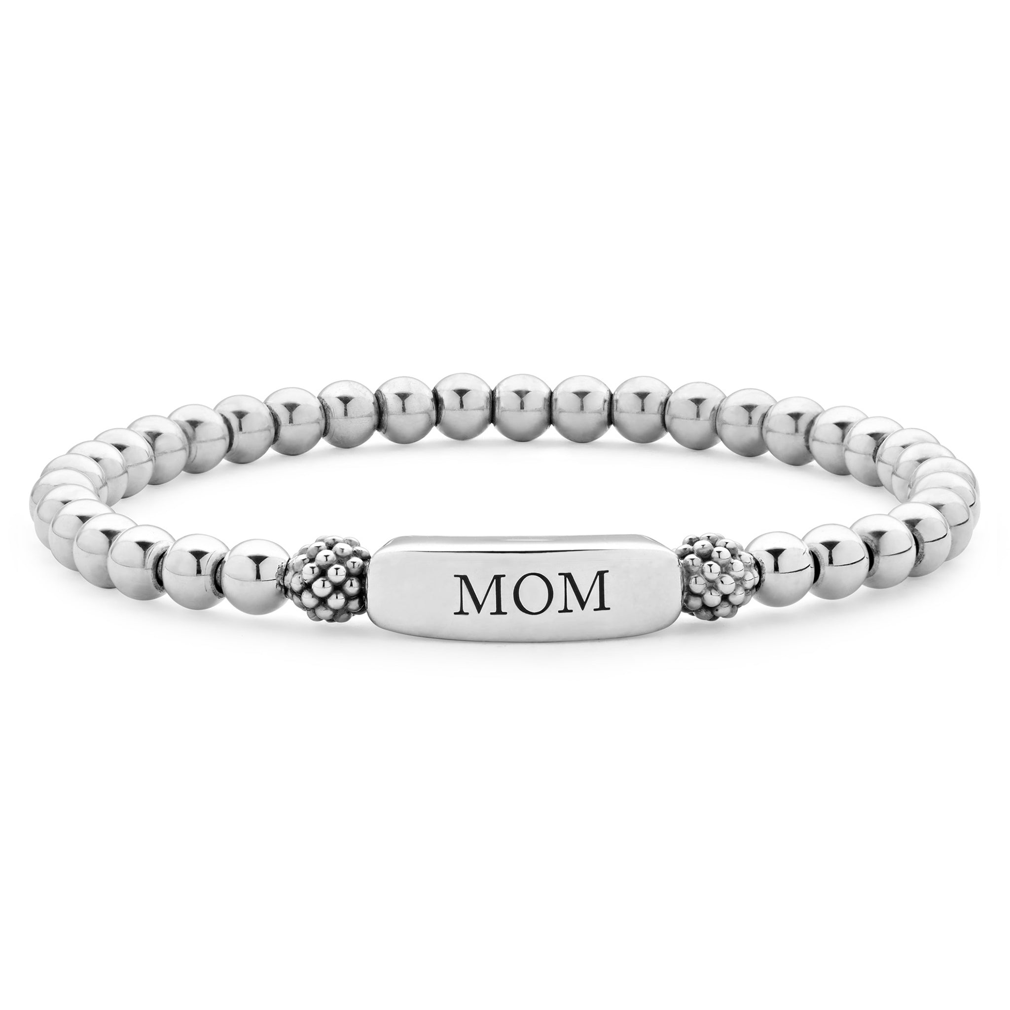 Silver beaded bracelet with 'MOM' tag on a white background