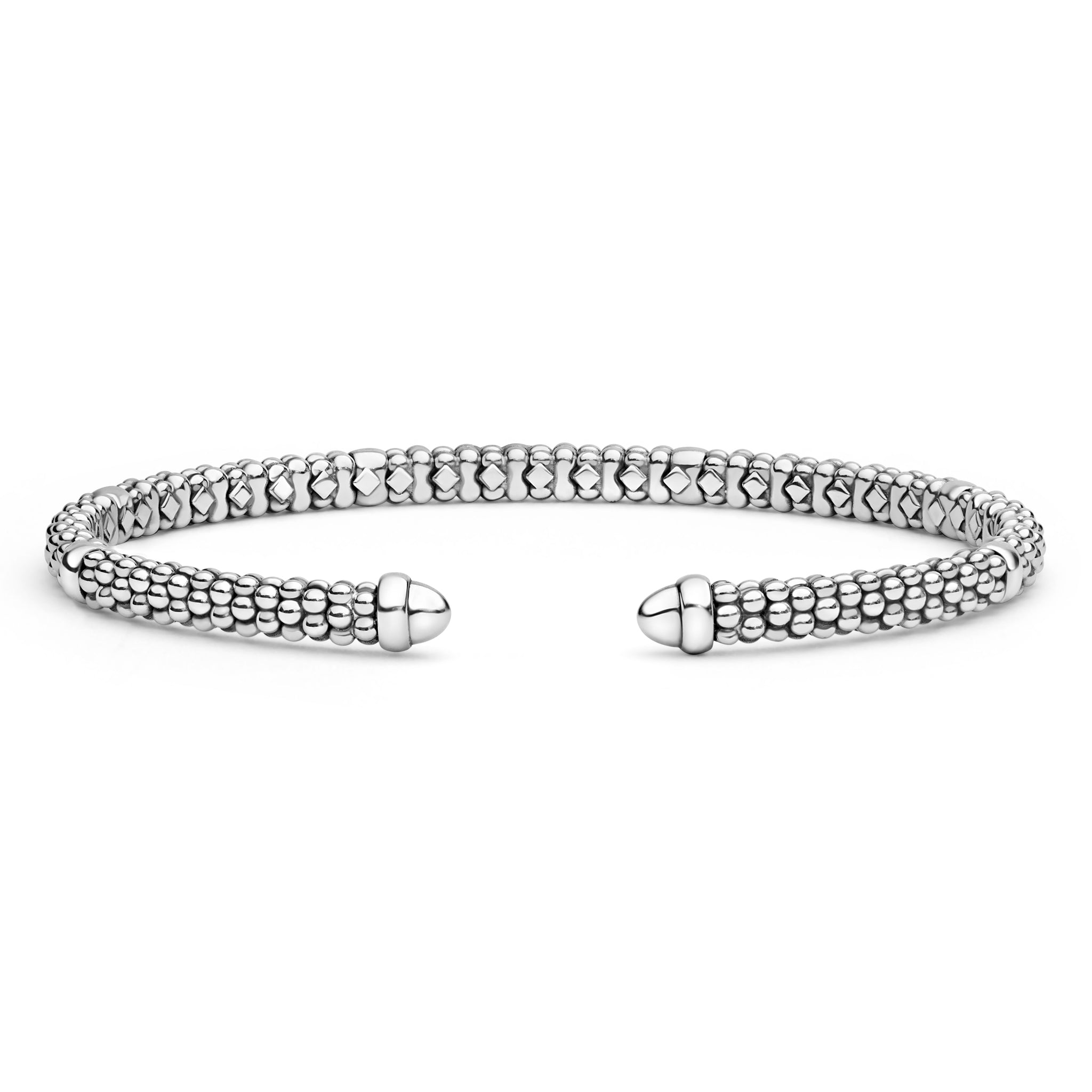 Silver bracelet with a textured design on a white background