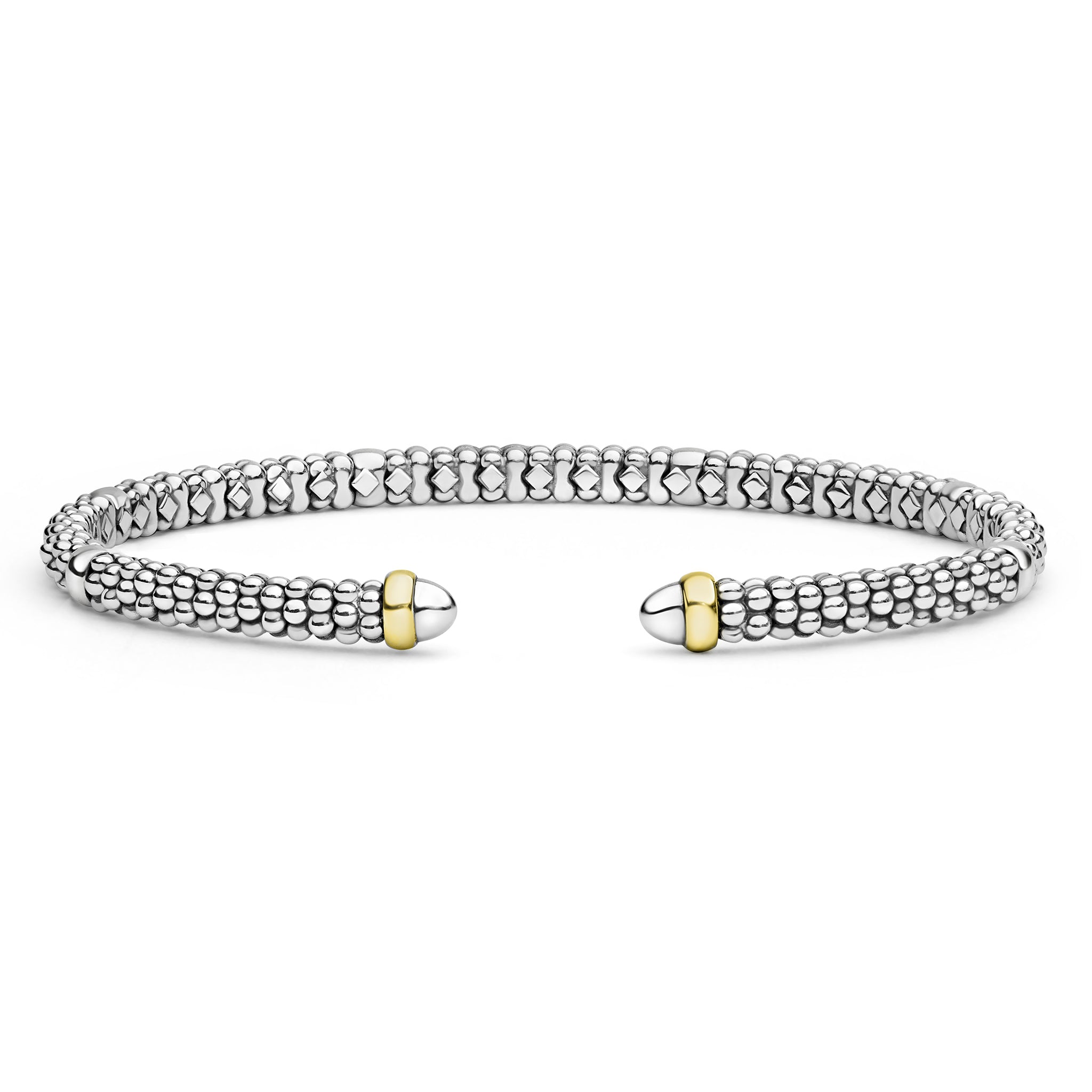 Silver bracelet with gold accents on a white background