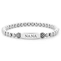 Silver beaded bracelet with a 'NANA' engraved tag on a white background